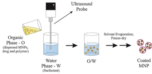 Figure  2.  Set‐up used  for a  simple emulsion evaporation method to  obtain magnetic nanoparticles  (MNPs). In this case, an oil‐in‐water (O/W) emulsion is exemplified. Reprinted with permission from  Elsevier [84]. 