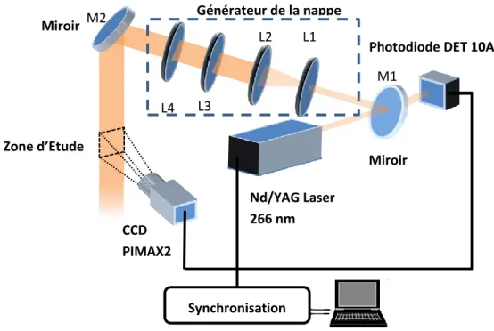 Figure 2.14 : Disposition des différents organes optiques,  générateur de la nappe laser,  système  d'acquisition par caméra PIMAX2 et de la ZE 