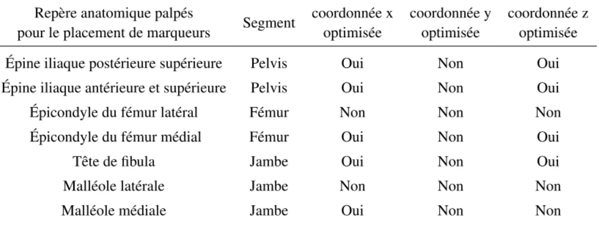 Tableau 5.2.1 – Les coordonnées locales des marqueurs ont été optimisées (Wu et al., 2002) avec une mise à l’échelle MB l.a.m 