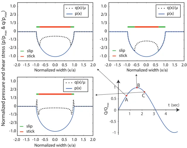 Figure 2.5: Evolution of the stick-slip zone as a function of the tangential force for cylinder plane configuration in plain fretting.