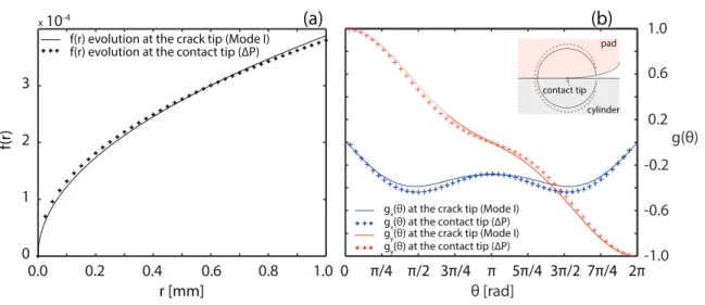 Figure 2.11: (a) Comparison between radial evolution of d s and radial evolution of the displacement field at the crack tip (mode I); (b) Comparison between tangential evolution of d s and tangential evolution of the displacement field at the crack tip