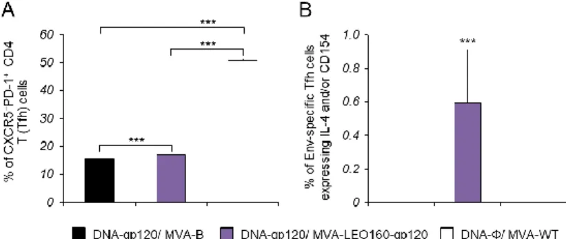 Figure  6.  Env-specific  Tfh  cell  immune  responses.  Mice  (n  =  5)  were  immunized  with  DNA-gp120/MVA-B,  DNA-gp120/MVA-LEO160-gp120,  or  DNA-ϕ/MVA-WT