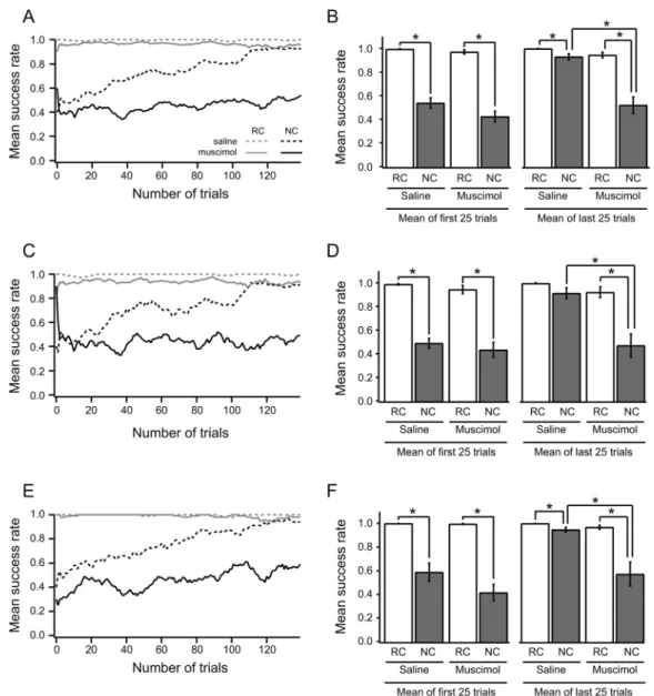 FIG. 2. Success rates. A: Mean success rate for both monkeys across successive trials