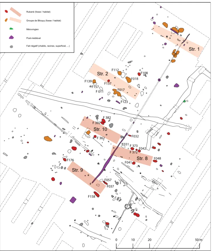 Fig. 7 – Plan général reprenant l’occupation rubanée et celle de Blicquy.  Dessins et infographie : SPW-AWaP-DZO, RPA et IRSNB.