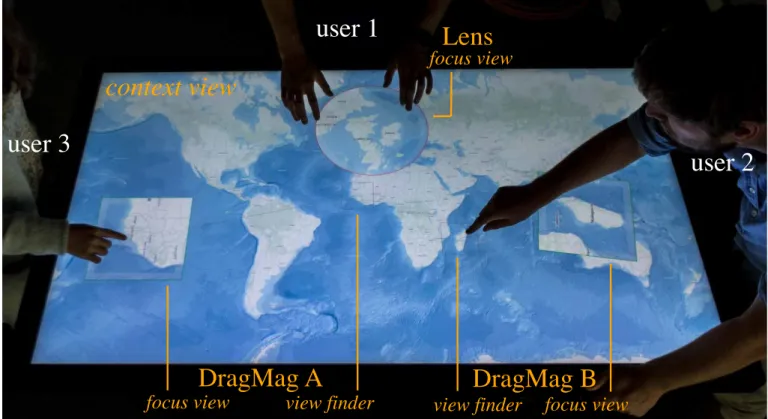 Figure 1. Our framework enables users to both pan &amp; zoom the context view and to create independent focus views, either DragMags or lenses.