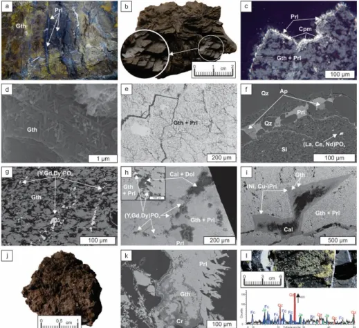 Figure 4. Fe-Mn mineralization (c: reflected light photomicrograph; d–i,k: SEM photomicrographs, in  backscattered electrons mode)