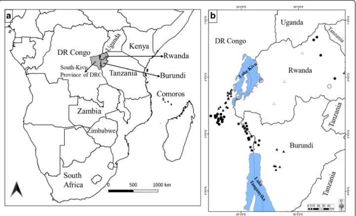 Fig. 1 Sampling sites of Rhipicephalus appendiculatus ticks in DRC, Rwanda and Burundi