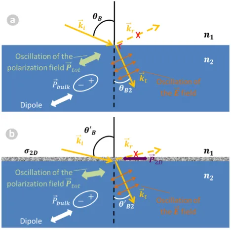 Figure 1. Incident p-polarized electromagnetic wave of wavevector k i at incident Brewster angle θ B impinging on the interface between two dielectric media of refractive indexes n 1 and n 2 