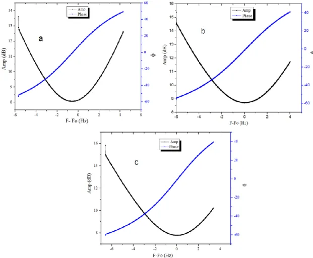 Figure 2.14: Amplitude and phase of the resonators a, b and c, at approximately 60-µW excitation power  respectively