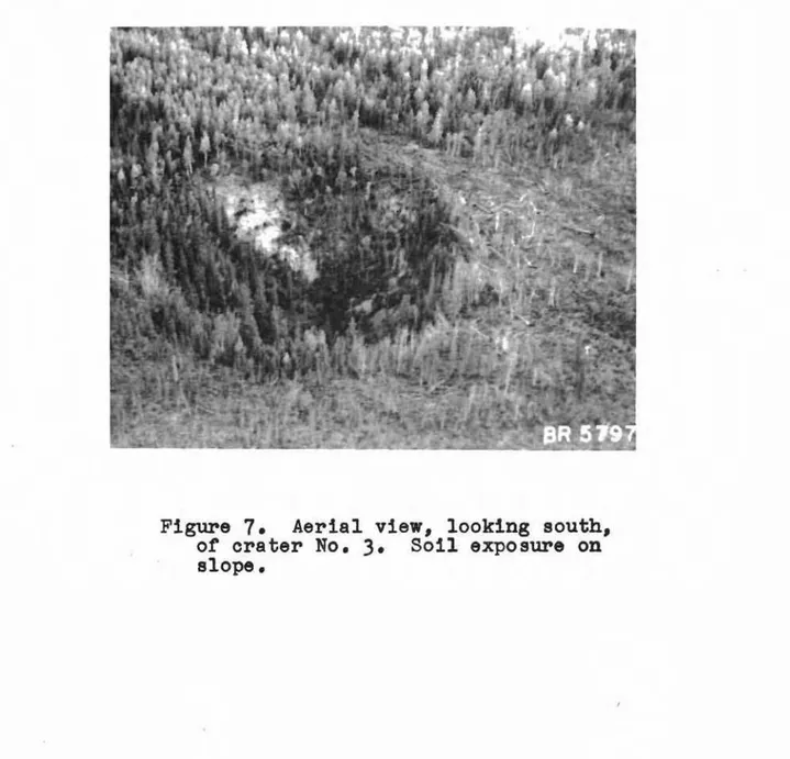 Figure 7. Aerial view, looking south, of crater No.3. Soil exposure on slope.