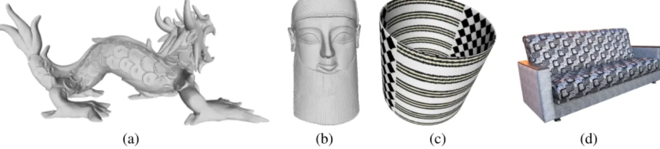 Fig. 1. Examples of two surfaces with geometric patterns (a-b) and two surfaces with colorimetric ones (c-d).
