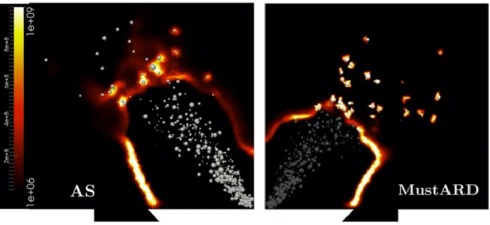 Figure 7. Instanteneous heat release along with droplets in the simulation of a spray burner (Paulhiac (2015)), with two evaporation models (left, ”classical” evaporation, right,