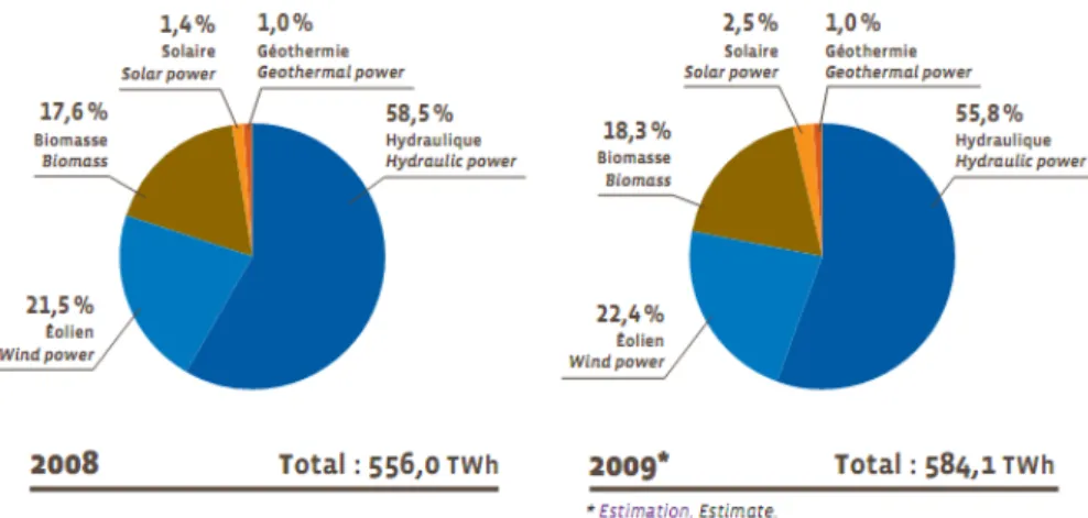 Figure 1.13 – Part de chaque énergie dans la production d’électricité renouvelable (en %) (Repères, 2011a)