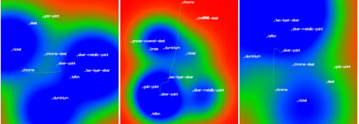 Figure 5: 3 slices of the 5D latent space where the path between chrome and silver-paint was optimised (g