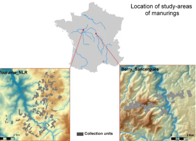 Figure 5: Location of the study-areas of Berry_Sancergues and Touraine_NLR  (sources : Poirier 2007 ; Poirot 1998 ; map : N