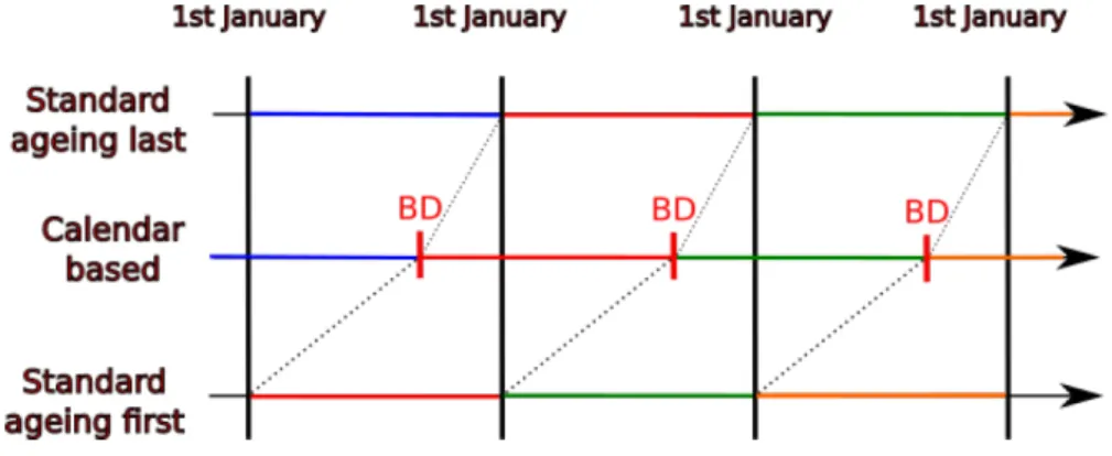 Figure 6: Illustration of the addition of a birthday. Each colour corresponds to an age conditioning the proba- proba-bilities used by a given process.