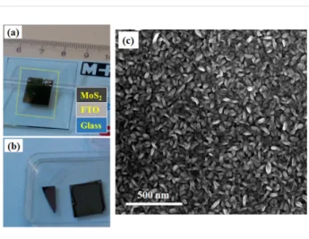 Figure 5: Photographs of (a) wet chemically transferred MoS 2  sample on the FTO/glass substrate, the FTO film on the glass substrate is marked with a yellow dotted square