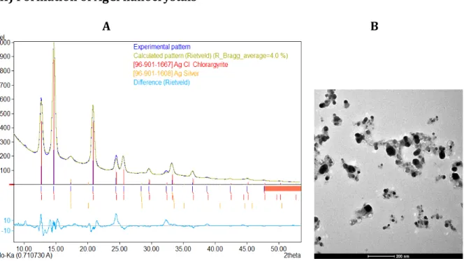 Figure   S10:   Powder   X-­‐ray   (A)   and   TEM   (B)   of   AgCl   nanocrystals.   Under   strictly   