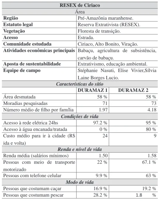 Tabela 1: Síntese dos indicadores para o sítio Ciriaco.