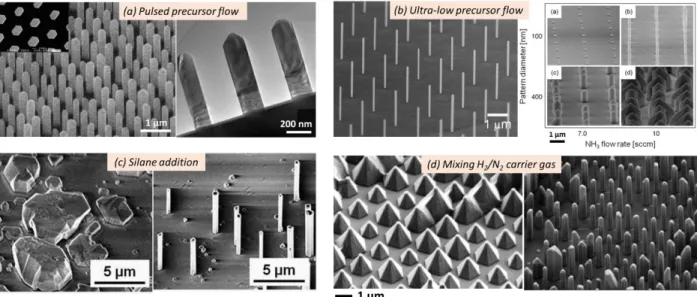 Figure 1.11: Catalyst-free MOVPE methods to grow GaN wires: (a) SEM and TEM images of ordered  GaN wire arrays grown by pulsed precursor mode, adapted from Ref
