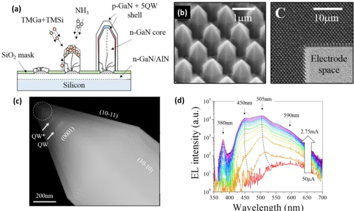 Figure 1.13: Taken from Ref. 86- (a) Schematics of the InGaN/GaN SAG nanorod containing n-GaN core,  5 InGaN QWs &amp; a p-GaN shell observed with the SEM images shown in (b), (c) STEM image of the  core-shell layers structure and (d) Room-temperature EL s