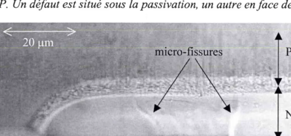 Fig. II-14. Agrandissement  optique dudéfaut sous lapassivation. Le défaut est constitué de plusieurs fissures qui traversent la couche N3+.
