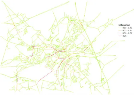 Fig. 8. Saturation of the Namur road network at 8:00 am - 100,000 agents, 360,000 trips, road network made of 25,000 nodes and 17,000 links
