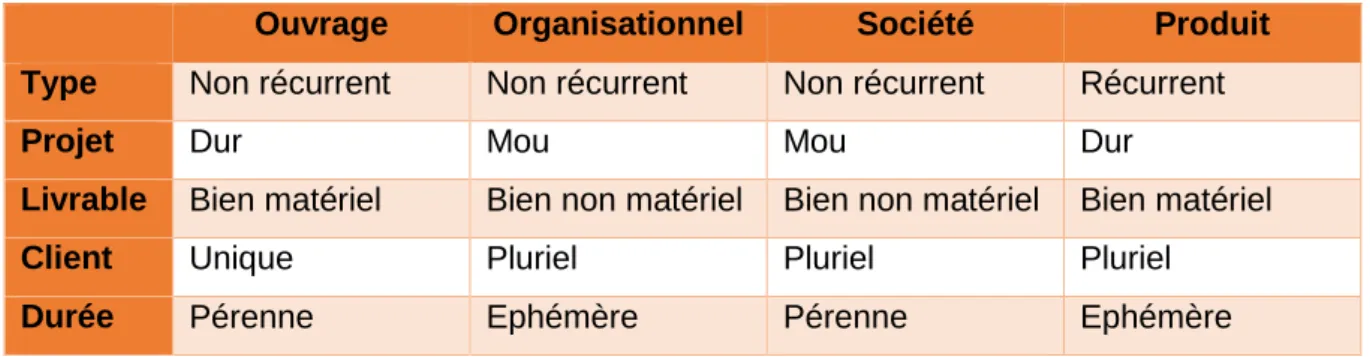 Tableau 2 : Différents type de projets 