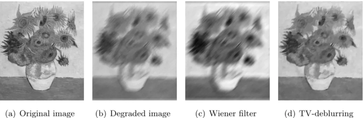 Figure 8: Motion deblurring using total variation regularization. (a) and (b) show the clean image and a degraded version containing motion blur of approximately 30 pixels and Gaussian noise of standard deviation σ = 0.02