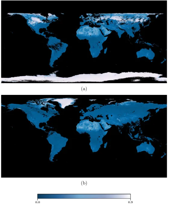 Figure 2-3: Visual snapshots of albedo in (a) January 2010 and (b) June 2010 (Photos courtesy of NASA Earth Observations).