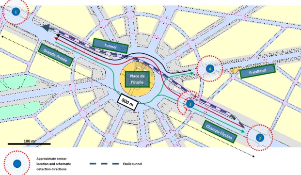 Figure 4.10 – Place de l’Etoile map. Approximate sensors location and beacon antennas directions.