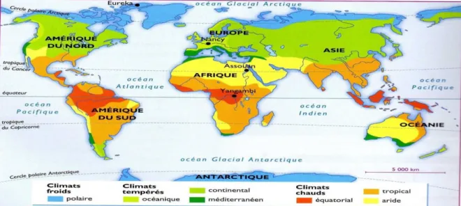 Figure I. 2 - Représentation des grandes catégories de climats globaux à l’échelle mondiale  (Source Météo France)