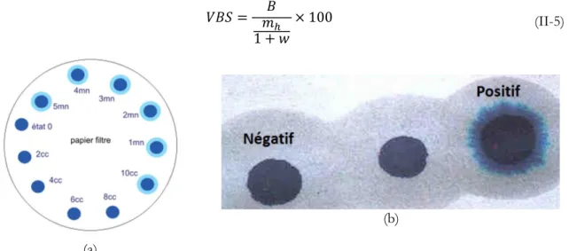 Figure II-6: Détermination de la valeur au bleu de méthylène du sol théorie(a), taches de bleu de méthylène sur papier filtre(b) d’après  [181] 