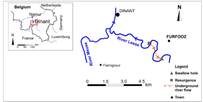 Fig. 2 Plan view of the River Lesse and the underground system with the speleological networks.