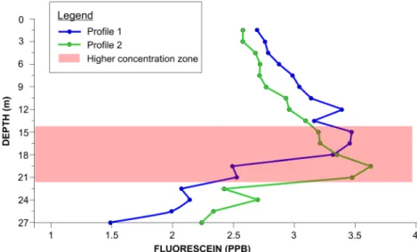 Fig. 9 Concentration profiles performed in site 3 lake. Two profiles were realized: profile 1 in ascending the fluorometer from the bottom to the surface; profile 2 in descending the fluorometer.
