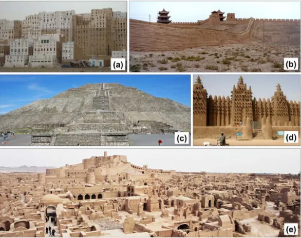 Figure 1.1 – Constructions en terre dans le monde ; (a) Ville de Shibam, Yémen ; (b) Grande Muraille de Chine, Chine ; (c) Pyramide du Soleil à Teotihuacan, Mexique ; (d) Grande Mosquée de Djenné, Mali ; (e) Citadelle de Bam, Iran.