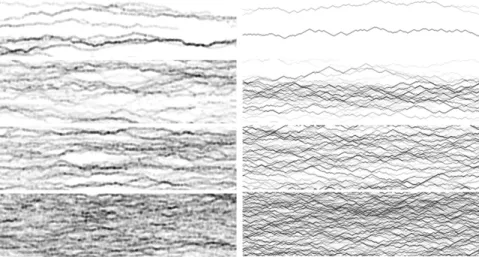 Fig. 2. Typical channeling patterns: (Left) experiments at J/J max = 0.09, 0.35, 0.54, and 0.95 (from top to bottom), where J max = 0.081, and (Right) model at J/J max = 0.18, 0.25, 0.46, and 0.78 (from top to bottom), where J max = 0.25