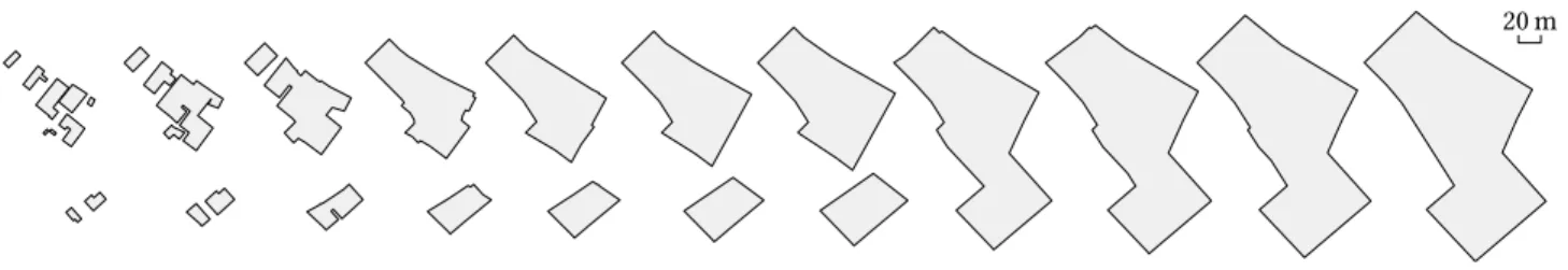 Figure 16: A comparison of the numbers of buildings be- be-tween our result, areal law, and Töpfer’s radical law.