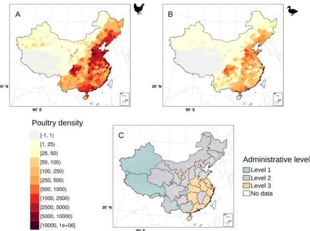 Fig. 1 Overview of base poultry data resolution. The new data sets of chicken (a) and duck (b) density (heads/km 2 —on a logarithmic scale of base 10) are obtained by combining recent census data sets at different spatial levels (c; level 1: province; leve