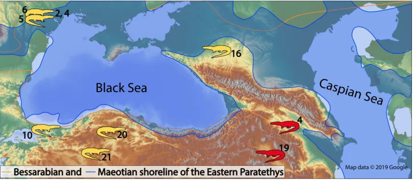 Figure 1 The map of the Eastern Paratethys with the known (in yellow) and herein described (in red) fossil occurrences of the genus Varanus.