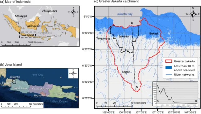 Figure 1.7 (a) Map of Indonesia; (b) map of Java Island; and (c) Greater Jakarta  catchment with low-lying areas shown in blue, less than 10 m above MSL 