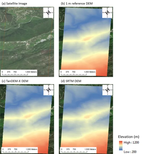 Figure 3.4 Different DEMs from different sources; forested area in Nice, France; (a)  satellite imagery, (b) surveyed DEM (1 m resolution), (c) TanDEM-X DEM (12 m 