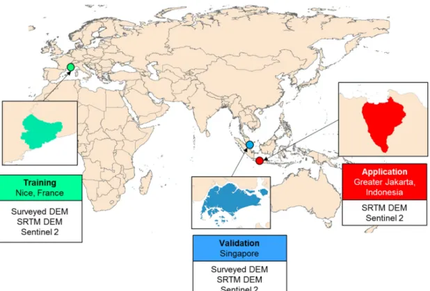 Figure 3.8 Areas used for ANN’s training (Nice, France), validation (Singapore) and  application (Greater Jakarta, Indonesia) of DEM improvement scheme 