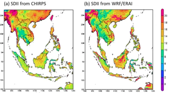 Figure 3.19 Comparison of climatological daily Simple Day Intensity Index of precipitation  (SDII; mm/day; 1986-2005) (a) CHIRPS, (b) WRF/ERAI (extracted from Liu [2017]) 