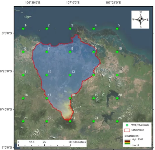 Figure 3.22 Map showing twenty-five (25) grid points of WRF/ERAI model; the color  represents DEM 