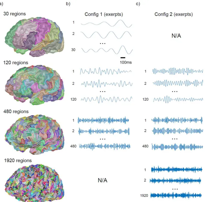 Figure 3: Illustration of the simulation framework. a) Examples of levels of brain parcellation