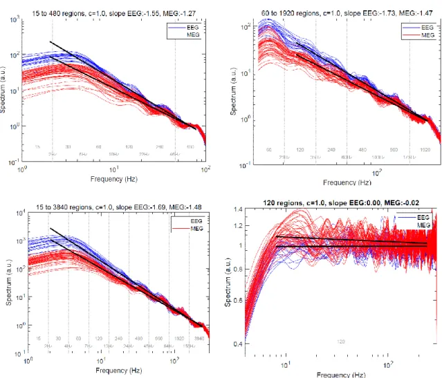 Figure  4:  EEG  and  MEG  spectra  obtained  for  the  different  configuration,  with  a  scale  parameter  c=1  (only  1/3  of  channels  are  shown)