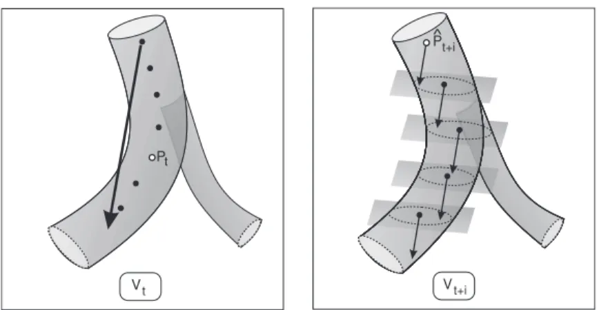 Fig. 2  Illustration de la méthode de suivi spatial. A gauhe : la diretion globale du