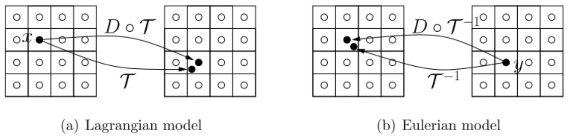 Figure 2: Image transformation models: (a) Lagrangian and (b) Eulerian. (a) and (b) left: image support before transformation, right: image support after transformation