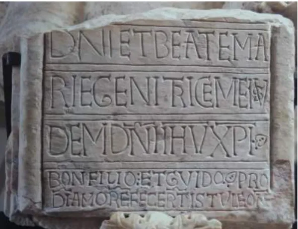 Fig. 7. Inscription avec la signature de Guido et  Bonfilio, première moitié du xii e  siècle, Pisa  (Ita-lie), Museo dell’Opera del Duomo © Il duomo  di Pisa, Modena, 1995, fig